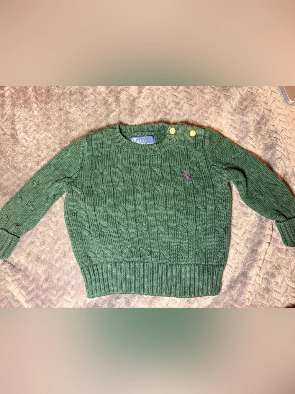Ralph Lauren Dark Green Cable Knit Crew Sweater with Gold Buttons